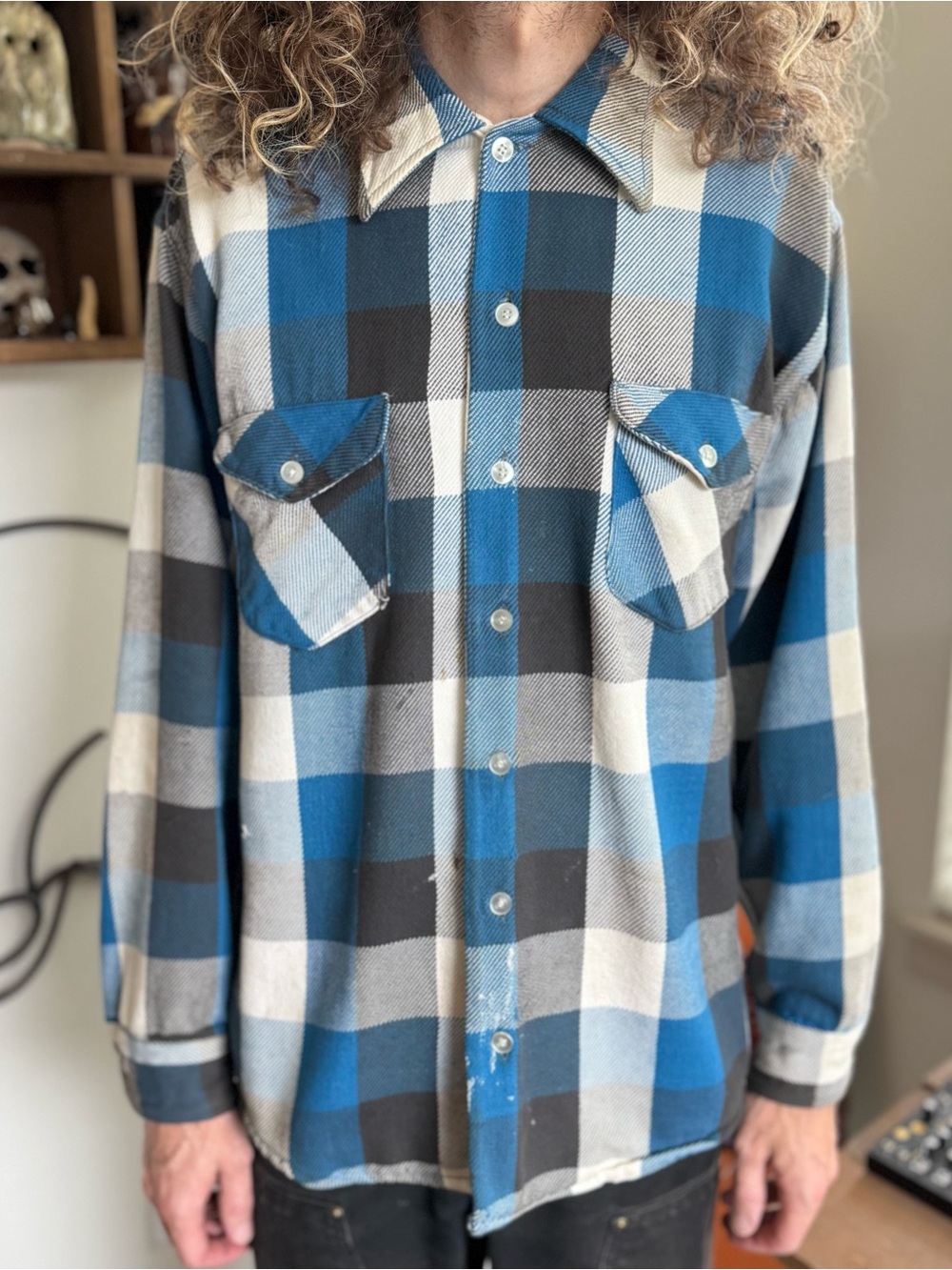 Vintage 80s Check Plaid L/S Button Down Work Shirt ~ Size Large